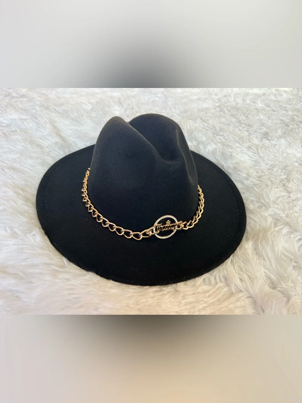 Juicy Couture Black Felt Fedora with Gold Chain Accent